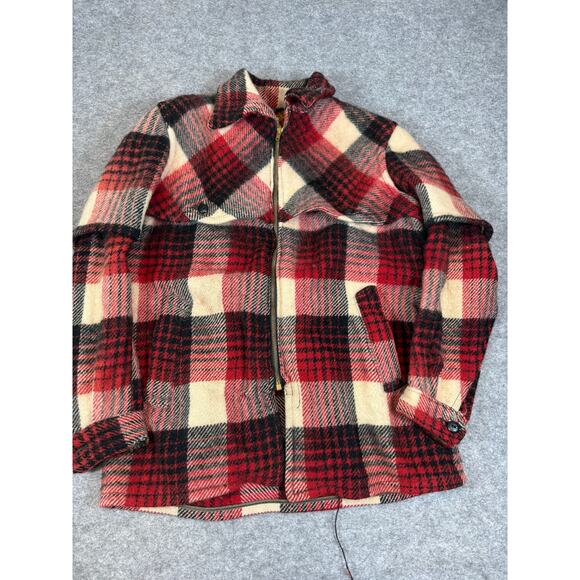 VINTAGE 50s Jacket Mens Large Red Plaid Full Zip Wool Flannel Western Retro - Picture 1 of 7